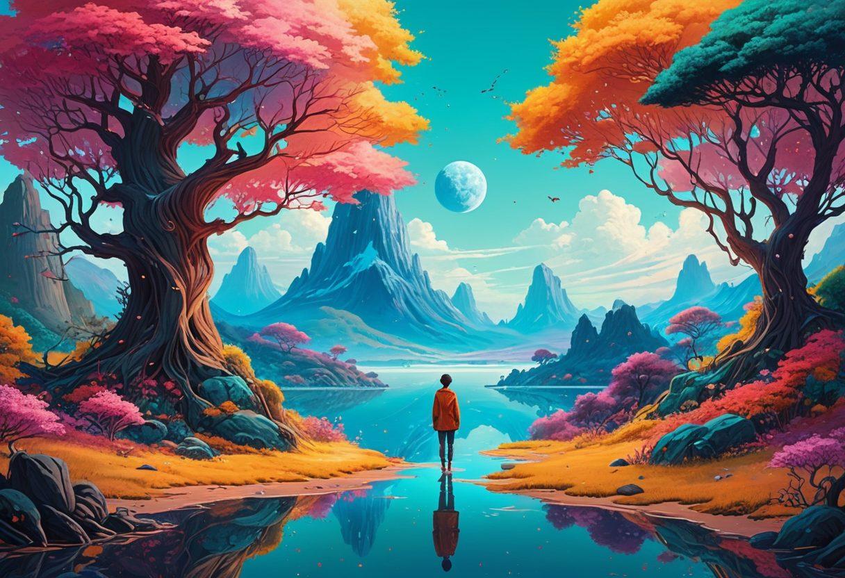 A visually striking illustration of two intertwined worlds: one vibrant and colorful representing the art style of hentai, blending fantasy elements like whimsical creatures and surreal landscapes, while the other side features a more subdued, mature aesthetic with themes of real-world relationships and intimate moments. Both sides should merge seamlessly at the center, showcasing the contrast yet connection between them. The overall composition should evoke curiosity and reflection. vibrant colors. surreal art. digital painting.