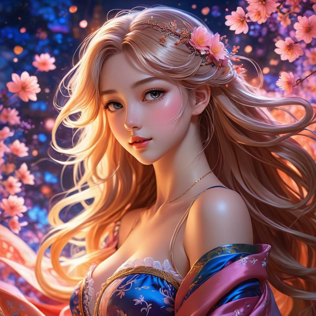 A colorful and intricate depiction of an anime-inspired character, exuding sensuality and allure, set against a dreamy backdrop filled with swirling colors and soft, glowing lights. The character should be portrayed in a tasteful, artistic pose, surrounded by elements symbolizing desire, such as delicate petals and subtle, flowing fabric. Art style to reflect the combination of fantasy and eroticism. vibrant colors. ethereal background. anime style.