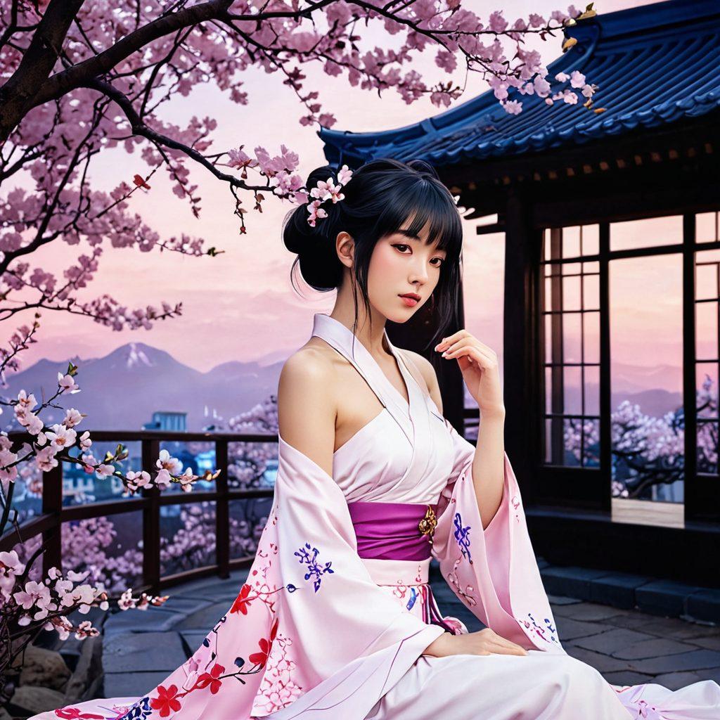 A visually striking collage featuring stylized anime characters in vibrant, sultry poses, set against a dreamy, abstract background that hints at the themes of erotica. Incorporate elements like cherry blossoms, traditional Japanese architecture, and soft, flowing lines to evoke a sense of allure and depth. The overall color palette should be rich and seductive, blending purples, pinks, and blues to enhance the intimate atmosphere. super-realistic. vibrant colors. digital art.
